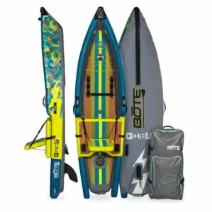 Bote Deus inflatable kayak in bombardier color standing upright in multiple views. Available at Riverbound Sports in Tempe, Arizona.