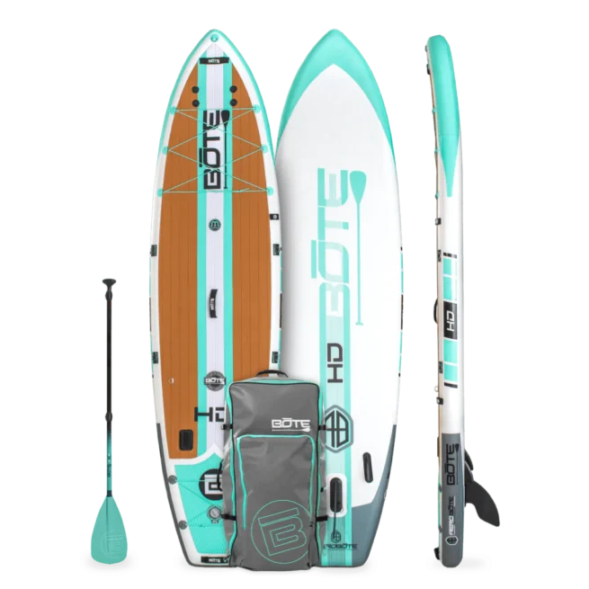 Bote Boards HD Aero inflatable SUP Full Trax Seafoam package. Available at Riverbound Sports in Tempe, Arizona.