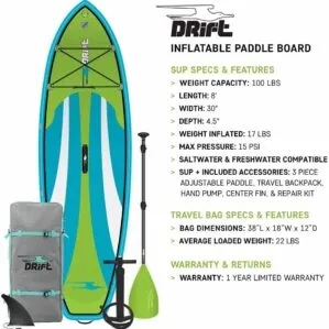 Kids Drift inflatable paddle board package specs.