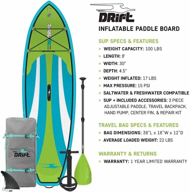 Kids Drift inflatable paddle board package specs.
