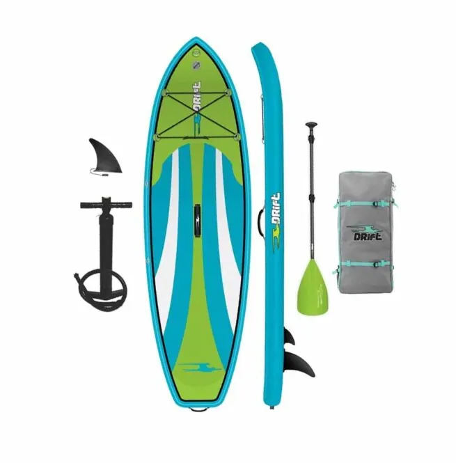 Drift kids paddle board package in aqua green and blue.