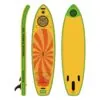 SOL Train inflatable SUP by Sol Paddle Boards in bright yellow with orange and green accents. Front, back, and side view. Available at Riverbound Sports store in Tempe, Arizona.