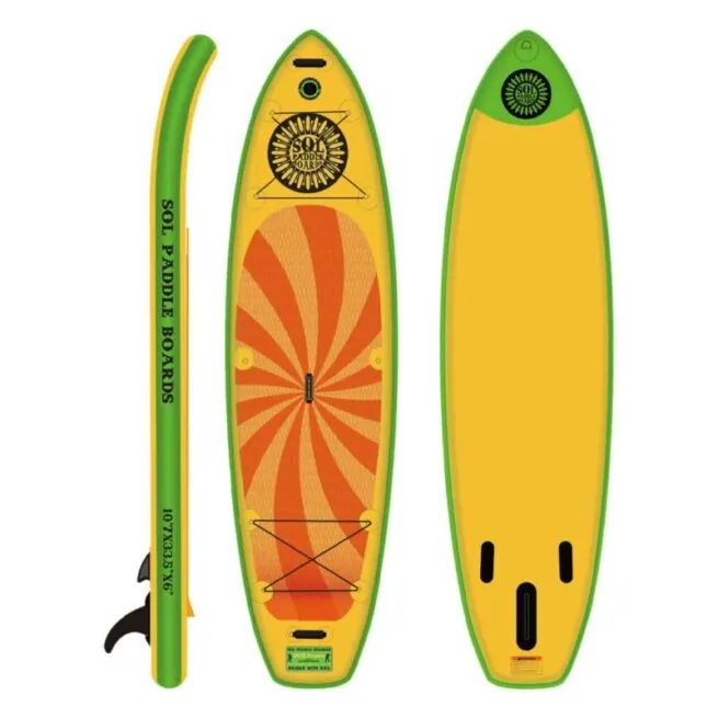SOL Train inflatable SUP by Sol Paddle Boards in bright yellow with orange and green accents. Front, back, and side view. Available at Riverbound Sports store in Tempe, Arizona.