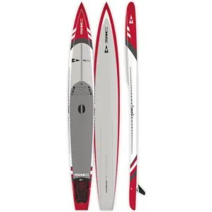 SIC RS Elite race board 3 images of top, bottom and side. Board is in red, white and silver.