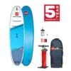 The Red Paddle Co 2021 10'6" Ride SUP and included accessories with 5 year warranty logo. The Ride 10'6" is available at Riverbound Sports Standup Paddleboard shop in Tempe, Arizona