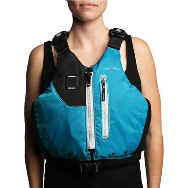 The Astral Ceiba PFD being worn in color water blue. Available at Riverbound Sports in Tempe, Arizona.