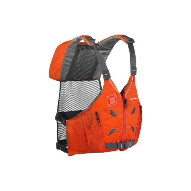 The Astral EV-Eight all water life jacket angle in fire orange. Available at Riverbound Sports in Tempe, Arizona.