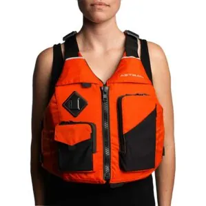 The Astral E-Ronny PFD being worn in color fire orange. Available at Riverbound Sports in Tempe, Arizona.