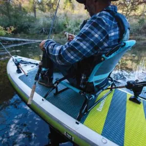 Fishing from the Badfish SUP Perch Seat. Available at Riverbound Sports in Tempe.