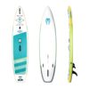 The Badfish SUP Wayfarer front, side and bottom image. White body, teal deck pad, and yellow rails make this standup really stand out. Available at Riverbound Sports in Tempe, Arizona