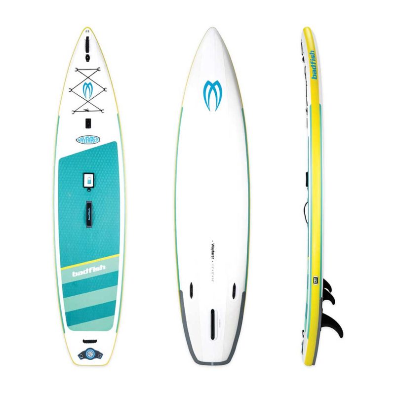 The Badfish SUP Wayfarer front, side and bottom image. White body, teal deck pad, and yellow rails make this standup really stand out. Available at Riverbound Sports in Tempe, Arizona