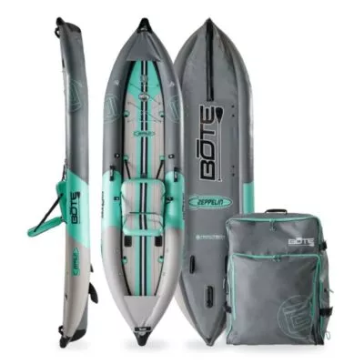 The Bote Zeppelin inflatable kayak in graphite package. Available at Riverbound Sports in Tempe, Arizona.