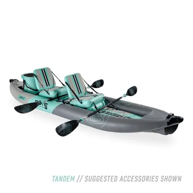 The Bote Zeppelin inflatable kayak in graphite setup as tandem. Available at Riverbound Sports in Tempe, Arizona.