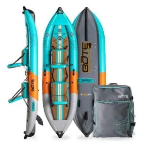 The Bote Zeppelin inflatable kayak in native aqua package. Available at Riverbound Sports in Tempe, Arizona.