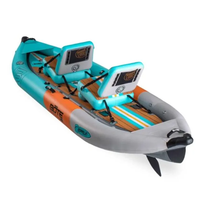 The Bote Zeppelin inflatable kayak in native aqua setup as tandem from the back. Available at Riverbound Sports in Tempe, Arizona.