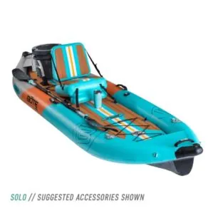 The Bote Zeppelin inflatable kayak in native aqua setup as single. Available at Riverbound Sports in Tempe, Arizona.