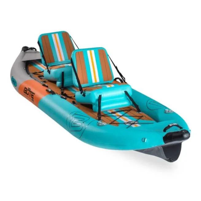 The Bote Zeppelin inflatable kayak in native aqua setup as tandem. Available at Riverbound Sports in Tempe, Arizona.