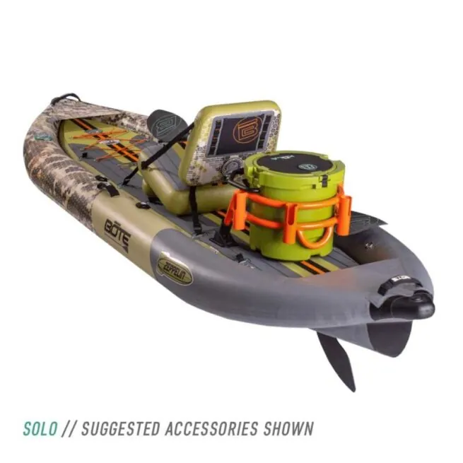 The Bote Zeppelin inflatable kayak in verge camo setup as a single from the back. Available at Riverbound Sports in Tempe, Arizona.
