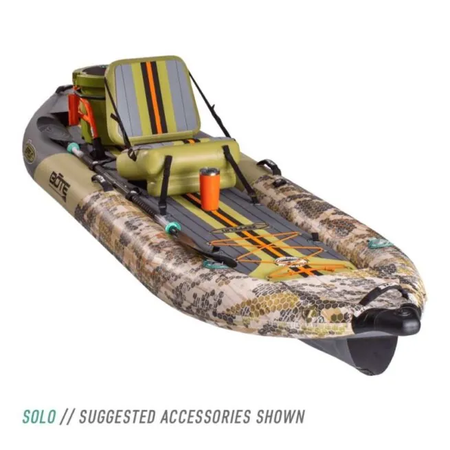 The Bote Zeppelin inflatable kayak in verge camo setup as a single. Available at Riverbound Sports in Tempe, Arizona.