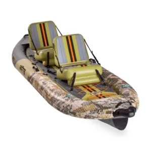 The Bote Zeppelin inflatable kayak in verge camo setup as tandem. Available at Riverbound Sports in Tempe, Arizona.