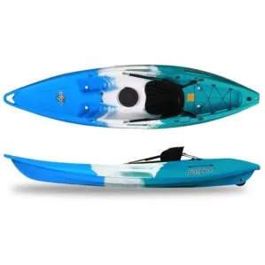 Feelfree Nomad Kayak in Ice blue color with top and side view. Available at Riverbound Sports in Tempe, Arizona.