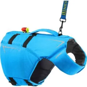 NRS K9 Dog Life Jacket side view with leash attached view in Teal. Available at Riverbound Sports in Tempe, Arizona.