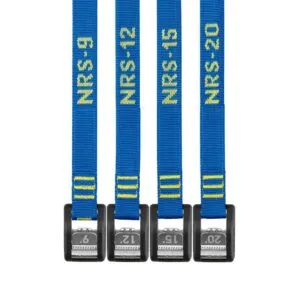 Different size NRS Buckle Bumper Straps with stainless cam locks in iconic blue color. Available at Riverbound Sports in Tempe, Arizona.