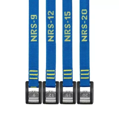 Different size NRS Buckle Bumper Straps with stainless cam locks in iconic blue color. Available at Riverbound Sports in Tempe, Arizona.
