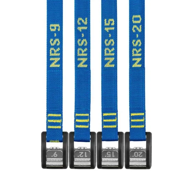 Different size NRS Buckle Bumper Straps with stainless cam locks in iconic blue color. Available at Riverbound Sports in Tempe, Arizona.