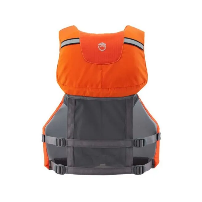 NRS Chinook fishing life jacket back in orange color. Available at Riverbound Sports in Tempe, Arizona.
