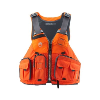 NRS Chinook fishing life jacket front in orange color. Available at Riverbound Sports in Tempe, Arizona.