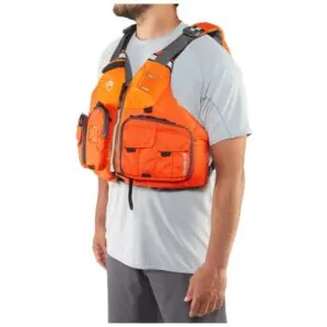 NRS Chinook fishing life jacket in orange being worn. Available at Riverbound Sports in Tempe, Arizona.