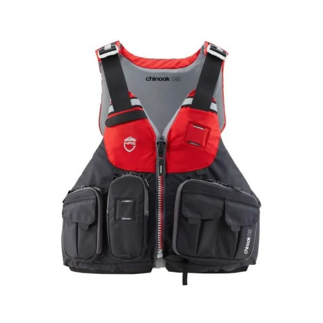 NRS Chinook fishing life jacket front in red and black color. Available at Riverbound Sports in Tempe, Arizona.