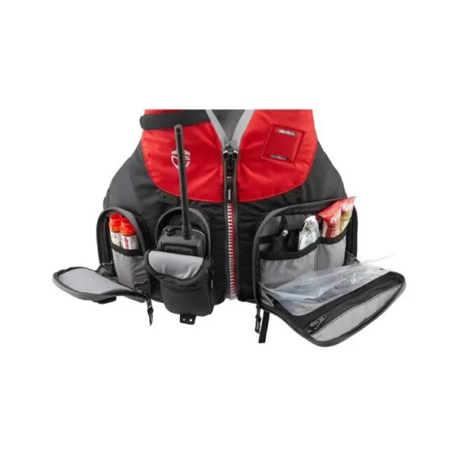 NRS Chinook fishing life jacket front showing pockets in red and black PFD color. Available at Riverbound Sports in Tempe, Arizona.