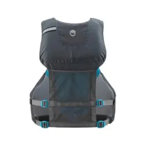 NRS Women's Shenook fishing life jacket back in Charcoal and Teal color. Available at Riverbound Sports in Tempe, Arizona.