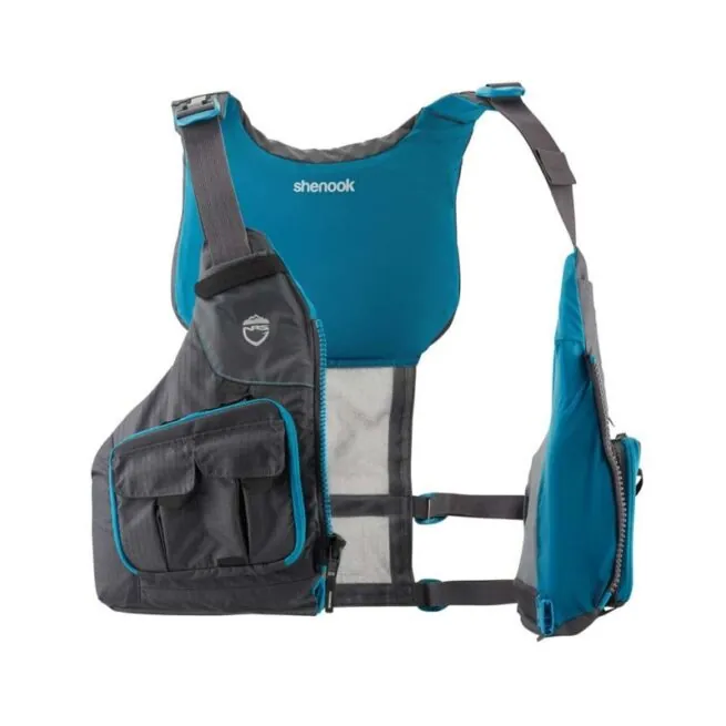 NRS Women's Shenook fishing life jacket front open in Charcoal and Teal color. Available at Riverbound Sports in Tempe, Arizona.