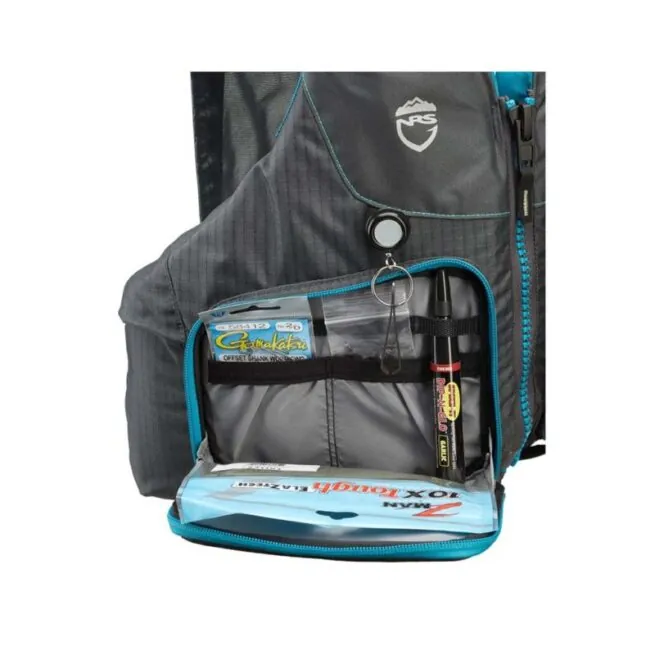 NRS Women's Shenook fishing life jacket front open pocket in Charcoal and Teal color. Available at Riverbound Sports in Tempe, Arizona.