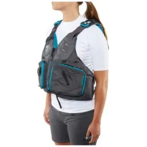NRS Women's Shenook fishing life jacket being worn in Charcoal and Teal color. Available at Riverbound Sports in Tempe, Arizona.