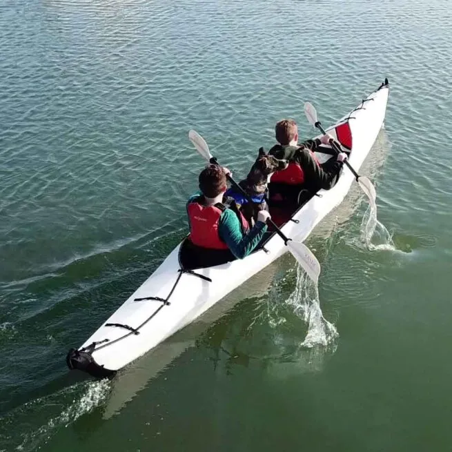 2 paddlers paddling the Haven TT Tandem kayak by Our Kayaks. Available at Riverbound Sports in Tempe, Arizona.