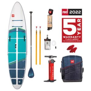 Red Paddle Co 12'0" Voyager Compact Adventure SUP with in box accessories. Riverbound Sports in Tempe, Arizona is an Authorized Red SUP preferred retailer.