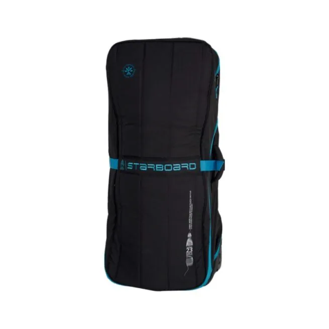 Starboard SUP inflatable board bag in black with blue trim. Available at Riverbound Sports in Tempe, Arizona.