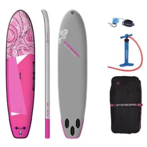 The Starboard SUP Tikhine Sun 11'2" inflatable paddle board top, side and bottom view package. Available at Riverbound Sports in Tempe, Arizona.