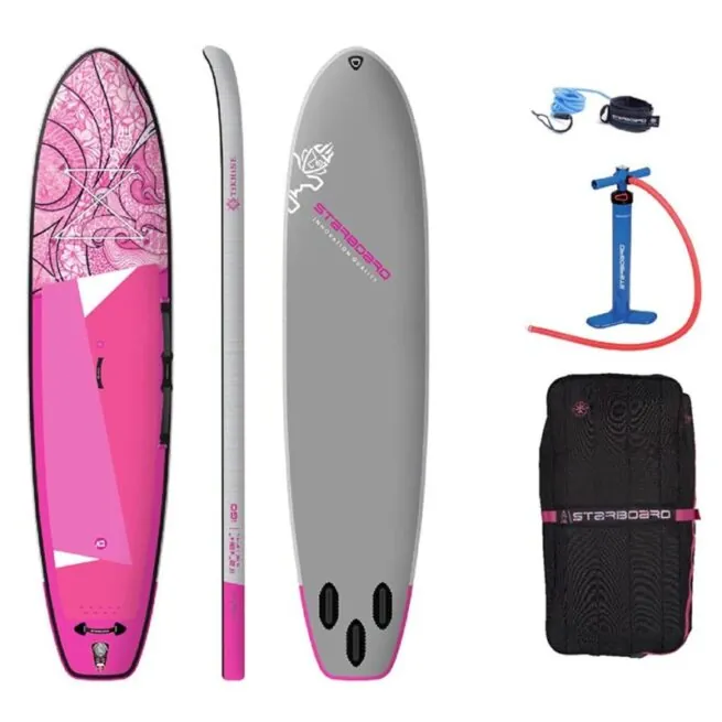 The Starboard SUP Tikhine Sun 11'2" inflatable paddle board top, side and bottom view package. Available at Riverbound Sports in Tempe, Arizona.