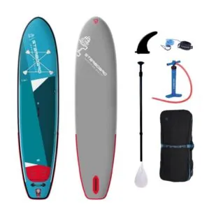 The Starboard SUP Zen Single Chamber 11'2" inflatable paddle board top and bottom view with package accessories. Available at Riverbound Sports in Tempe, Arizona.