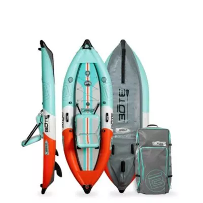 The Bote Zeppelin inflatable 10' kayak in classic seafoam package. Available at Riverbound Sports in Tempe, Arizona.