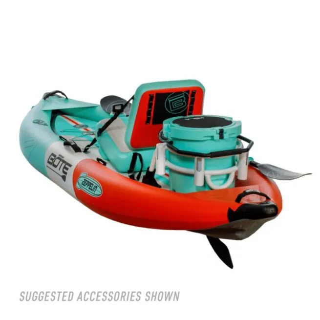 The Bote Zeppelin inflatable 10' kayak backside view with accessories in classic seafoam. Available at Riverbound Sports in Tempe, Arizona.