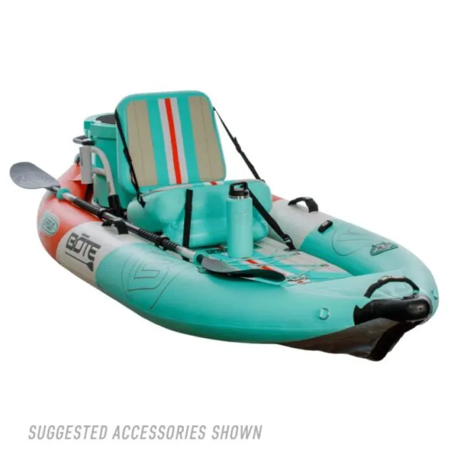 The Bote Zeppelin inflatable 10' kayak front view with accessories in classic seafoam. Available at Riverbound Sports in Tempe, Arizona.