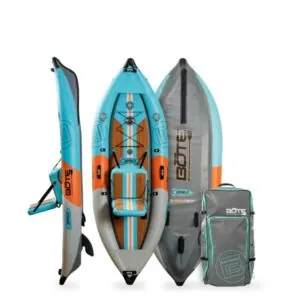 The Bote Zeppelin inflatable 10' kayak in native aqua package. Available at Riverbound Sports in Tempe, Arizona.