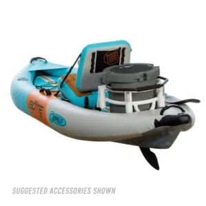 The Bote Zeppelin inflatable 10' kayak backside view with accessories in native aqua. Available at Riverbound Sports in Tempe, Arizona.