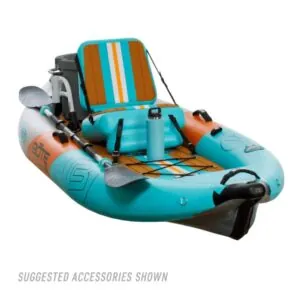 The Bote Zeppelin inflatable 10' kayak front view with accessories in native aqua. Available at Riverbound Sports in Tempe, Arizona.